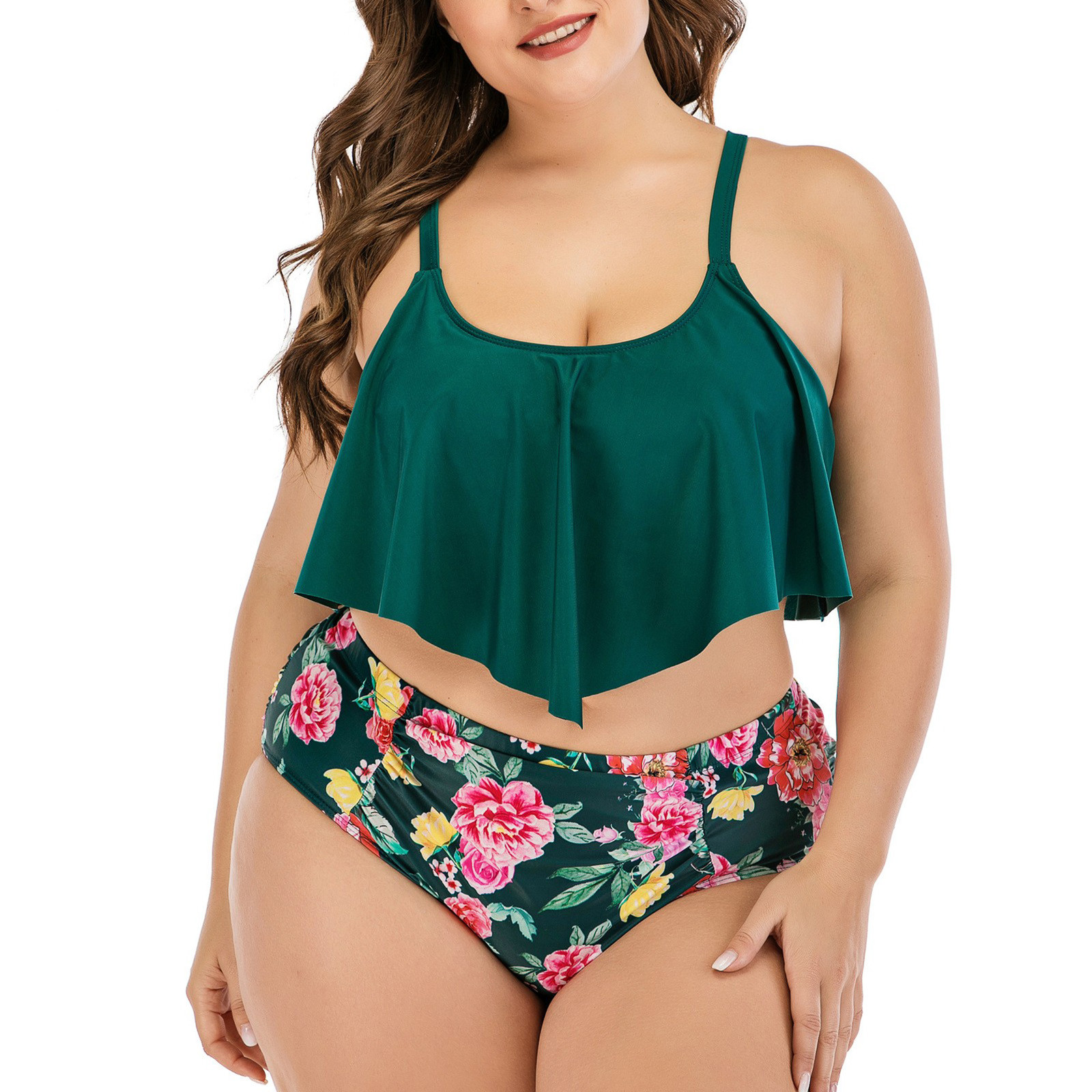 Jacenvly Womens Plus One Piece Swimsuit Female Floral Print Bikini Set Swimming Two Piece Tankni Bathing Suits Swimwear Beach Suit
